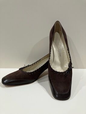Salvatore Ferragamo Brown Suede and Leather Square-Toe Pumps with Bow Trim